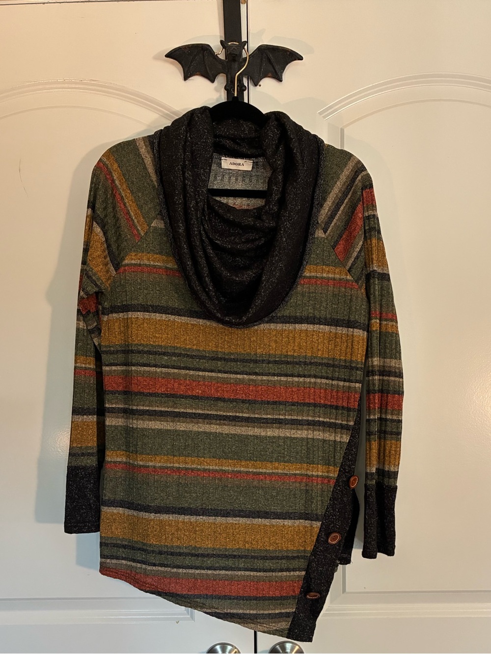 ADORA Cottagecore Multi-Striped Cowl Neck Sweater in Olive, Rust, Mustard Size M